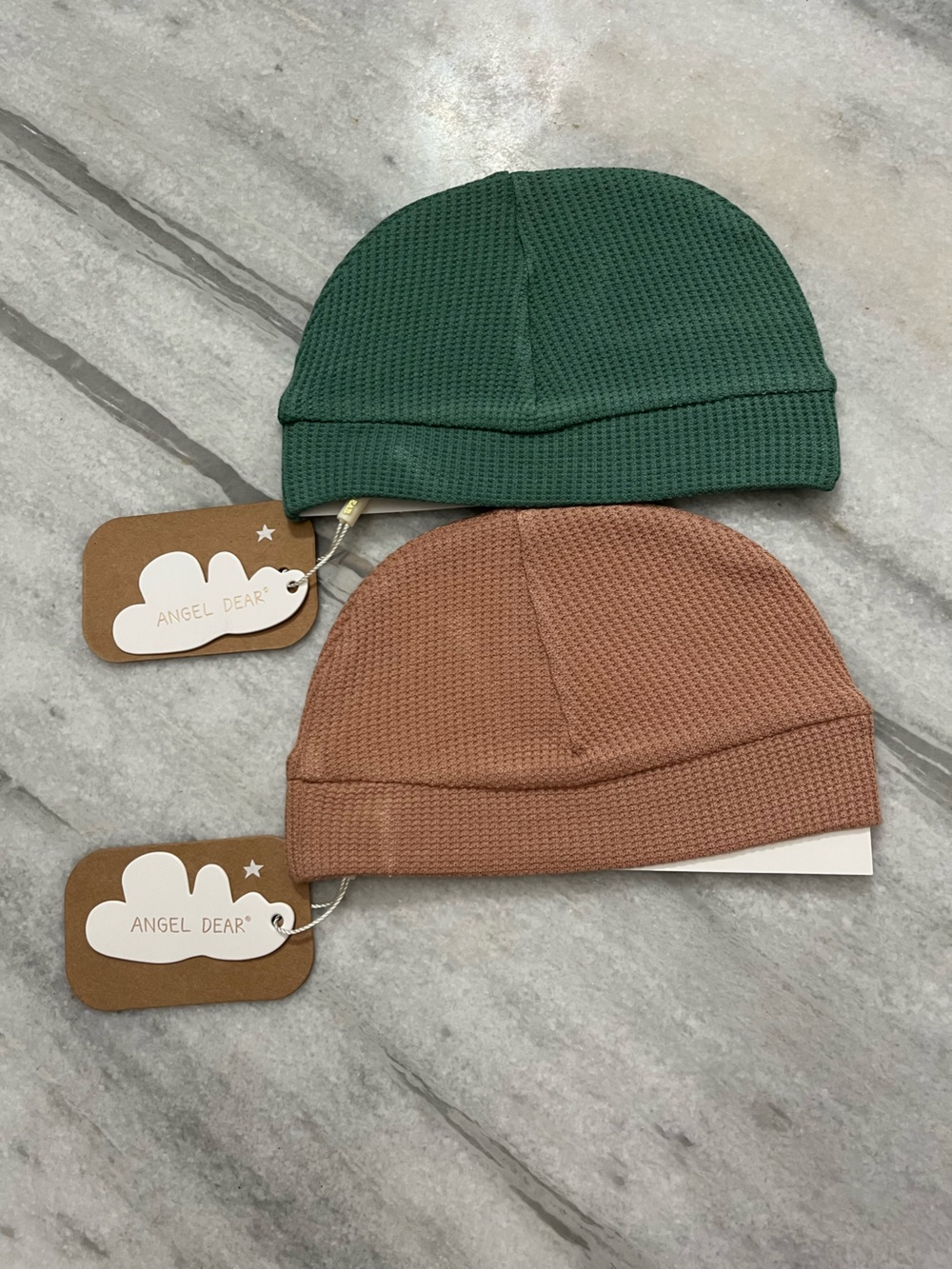 Angel Dear Waffle Knit Baby Beanies - Forest Green & Brown